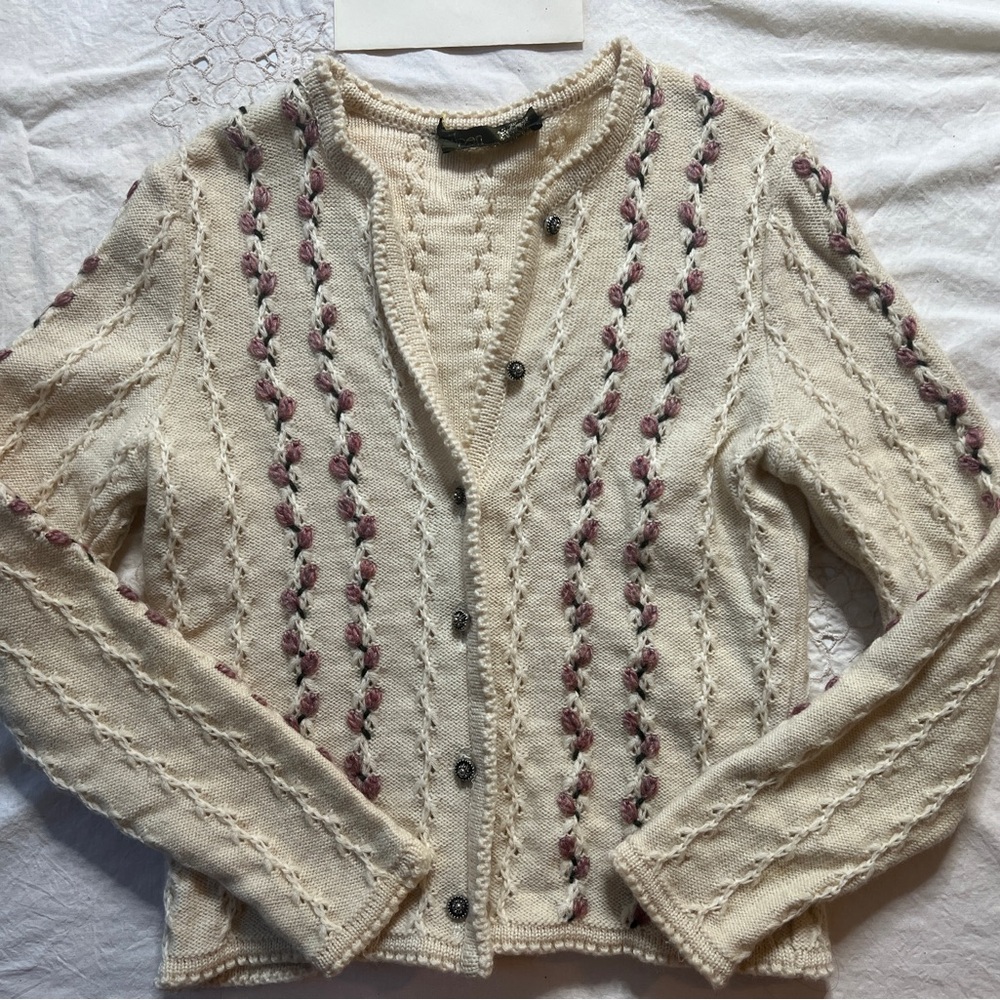 Cream and Pink Cable Knit Cardigan Sweater- Wool